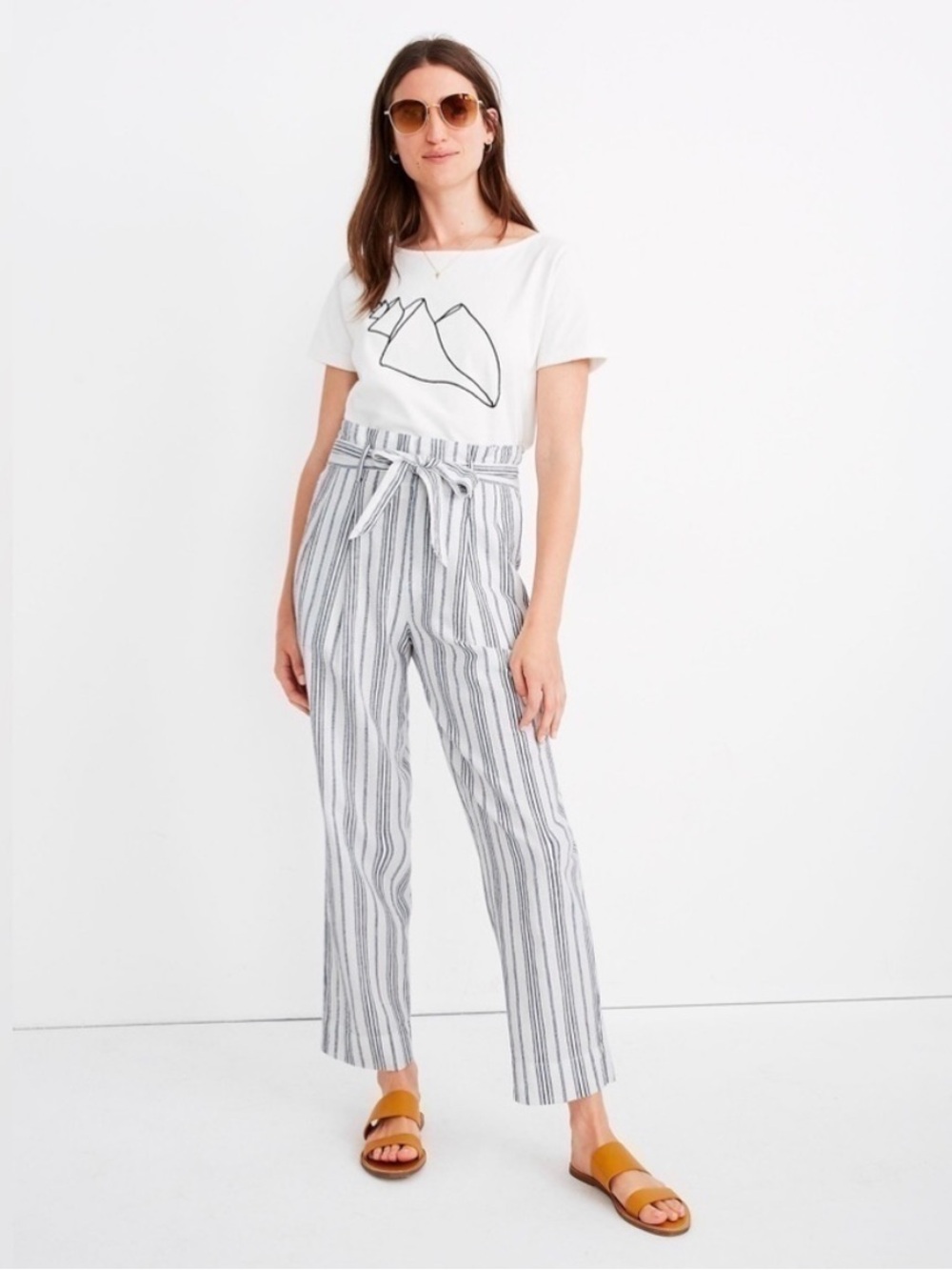 Madewell White & Gray Striped Tie-Waist Paperbag Pants